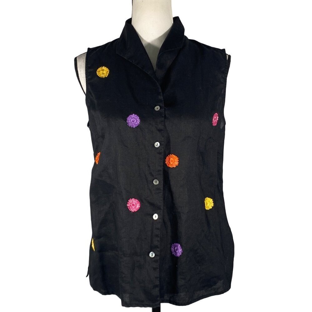 Irish linen Button-Up Blouse embroidered Multicolor Floral size L